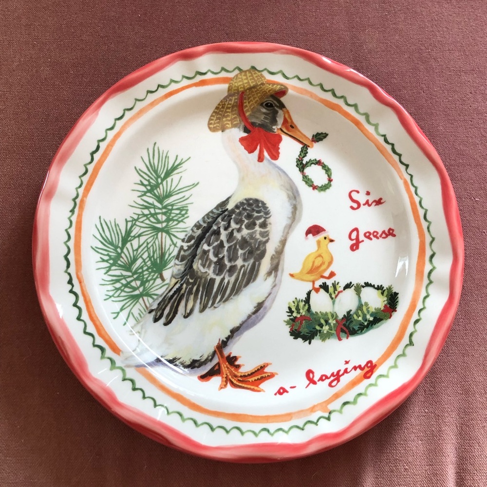 Anthropologie Nathalie Lete plate 6 Geese a-Laying 12 Days Christmas holiday NEW